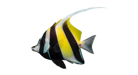 Moorish idol fish swimming gracefully in the dark ocean water environment