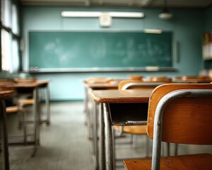 Empty Classroom With Wooden Desks And Chairs