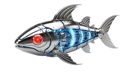 Futuristic robotic fish with glowing blue interior and a red glowing eye design