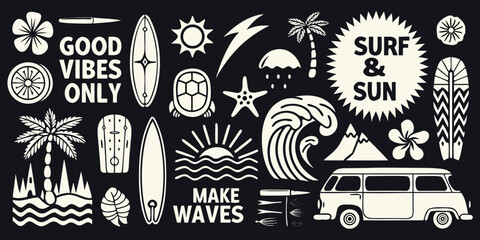 Obraz premium Retro surf and sun collection with van palm trees waves and good vibes text