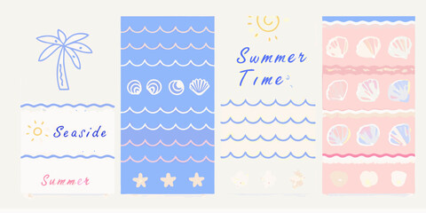 Whimsical hand drawn summer seaside collection with palm tree sun seashells and waves