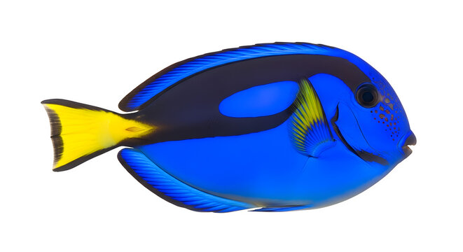 Vibrant blue tang fish swimming gracefully against a stark image