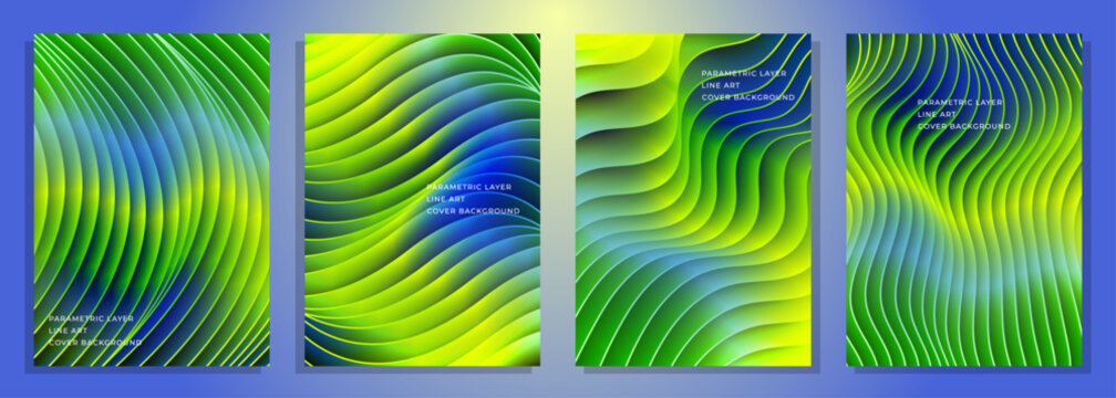 abstract layered line art parametric pattern blue green light spring cover poster background design set, for magazine, brochure, flyer, cover, poster, etc.
