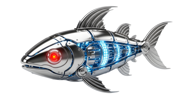 Futuristic robotic fish with glowing blue interior and a red glowing eye design
