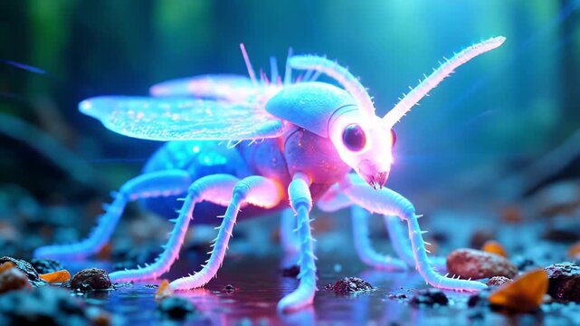 Mystical Bioluminescent Insect Creature in a Dark Forest at Night Illuminated by Ethereal Blue and Pink Light with Reflective Water and Textured