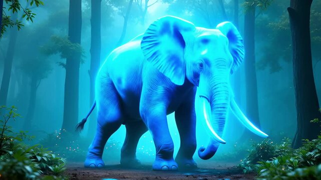Majestic Blue Elephant Stands in a Misty Enchanted Forest with Glowing Orbs and Tall Trees at Twilight