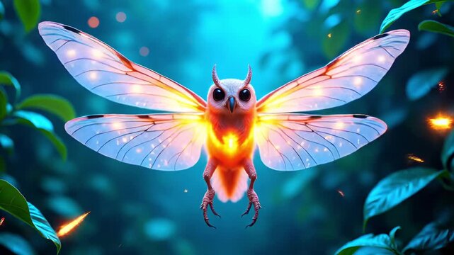 Magical Bioluminescent Owl Moth Creature Flying in a Lush Green Forest at Twilight with Soft Glowing Light and Bokeh Effects
