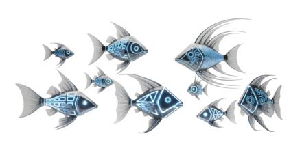 School of stylized fish with glowing geometric patterns swimming in the dark void