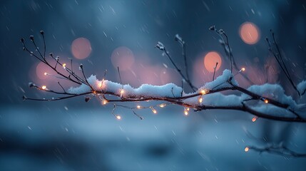 Winter Snowy Branch With Warm Lights