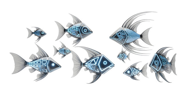 School of stylized fish with glowing geometric patterns swimming in the dark void