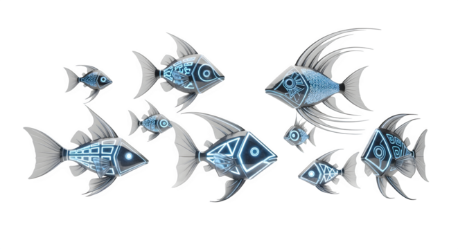 School of stylized fish with glowing geometric patterns swimming in the dark void