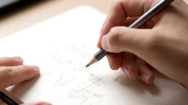 Hand Drawing Technical Diagrams on Notebook Close-Up