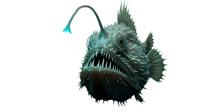 Anglerfish with bioluminescent lure in the deep ocean depths of the sea habitat