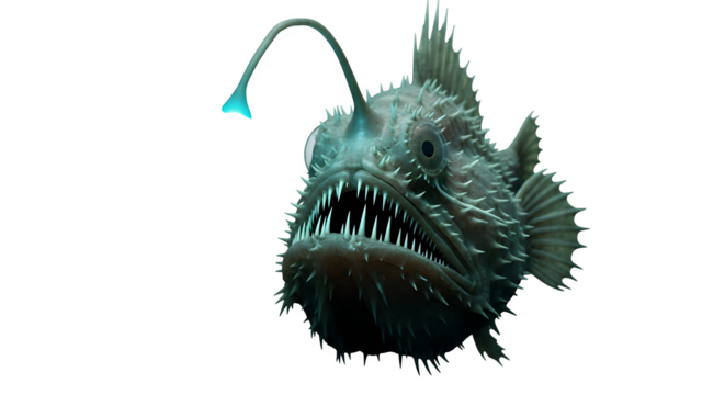 Anglerfish with bioluminescent lure in the deep ocean depths of the sea habitat