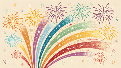 Vibrant celebratory fireworks display with multiple rainbow arching trails and sparkling confetti on a light background