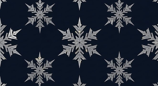 Intricate crystalline snowflake patterns repeat seamlessly against a deep navy blue background creating a wintery festive design