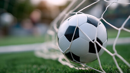 Soccer ball hitting net on green field during game