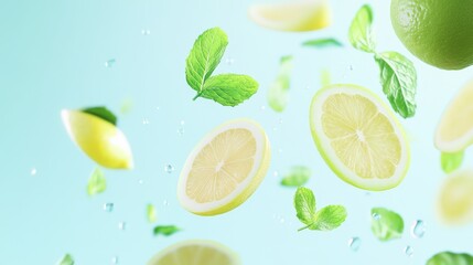92.A creative and refreshing shot of flying mint leaves and lemon halves, their bright green and yellow contrasting beautifully with the cool, light blue backdrop, evoking a summery, energizing mood.