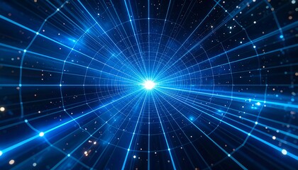 Abstract, radial blue lines converge on a bright center, with twinkling lights in the periphery; conveys future tech