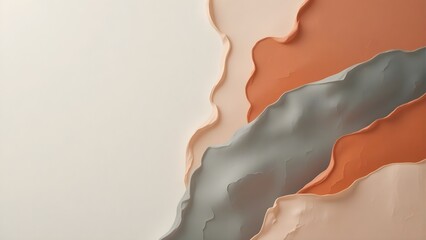 Abstract layered background with flowing organic shapes in muted terracotta, cream, and grey. Serene minimalist design.