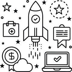 Startup business vector illustration with rocket and icons. Startup business concept.