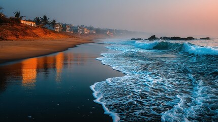 Ocean waves meet sandy beach at sunrise or sunset buildings in background.