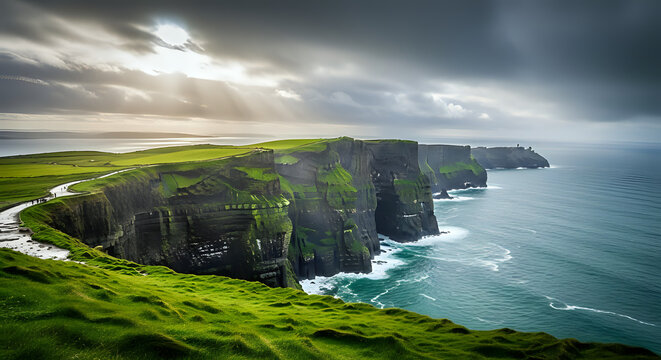 Dramatic Irish Coastline at the Cliffs of Moher with Lush Greenery and Ocean Views, Majestic Landscape, Perfect for Travel Inspiration and Adventure - Powered by Adobe