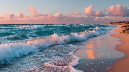 Ocean waves washing onto a sandy beach under a colorful sky at sunset.