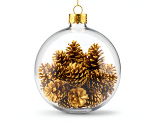 Transparent Christmas bauble filled with golden pinecones, a festive holiday decoration on a white backdrop