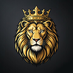 Obraz premium Majestic lion head wearing a golden royal crown on dark background