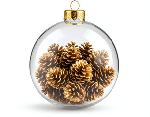 Golden pinecone filled Christmas ornament, festive decoration isolated on white background
