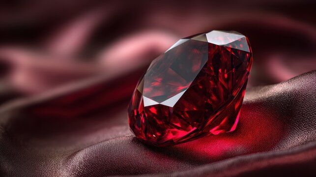Radiant Ruby: A vibrant red, multifaceted gem sparkles with an internal fire, resting gently upon a luxurious, textured surface, the light dances and highlights its impeccable clarity.