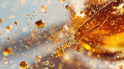 Golden Elixir of Vitality: A close-up shot captures the allure of liquid amber gently cascading from a pipette. The scene evokes a feeling of both science and opulence. 
