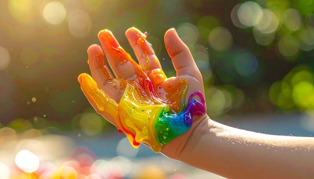 Child's Hand Covered in Rainbow Slime