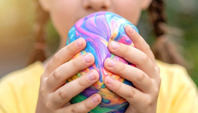 Child Holding Swirling Rainbow Slime Ball