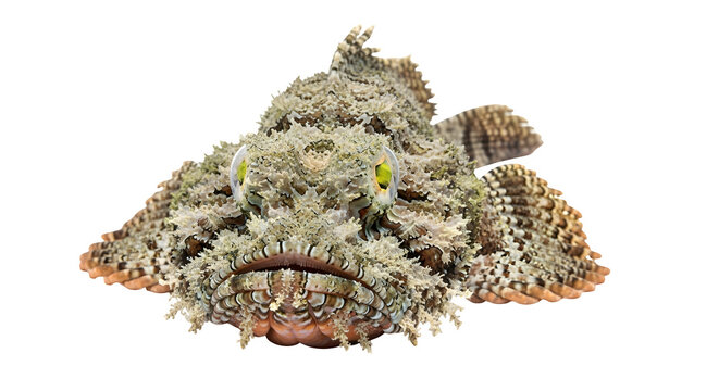 Close up of a mottled brown and beige stonefish with yellow eyes