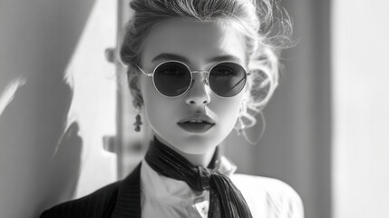 Stylish Vintage: A timeless black and white portrait of an elegant woman, embodying classic style with her sophisticated round sunglasses, a sleek scarf, and graceful features. © Olexandr Tytarchuk