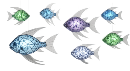 Colorful geometric fish hanging decorations against a display