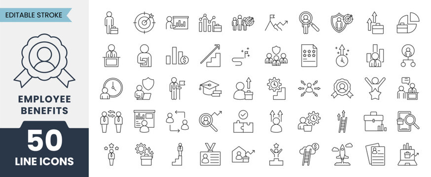 Employee Benefits line icons set with editable stroke. Containing employee, business, insurance, health, pay, benefit, bonus and more. Vector illustration