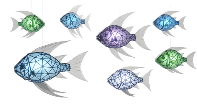 Colorful geometric fish hanging decorations against a display - Powered by Adobe