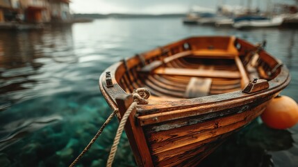 Obraz premium A rustic wooden boat floats on calm waters, reflecting the surrounding scenery, creating a tranquil and picturesque atmosphere.