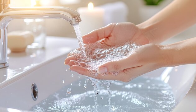 Close Up Detailed Shot of Human Hand Washing with Soap and Water