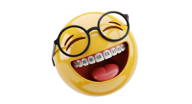 Cheerful emoji with glasses and braces laughing joyfully