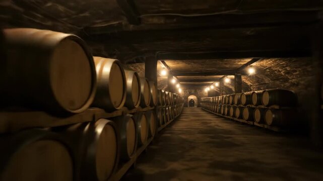 Wooden barrels lined in a dimly lit cellar, evoking a rustic atmosphere.