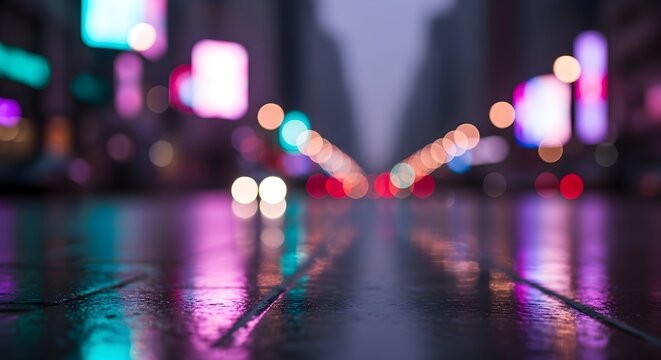 Blurred Urban Street at Night with Neon Lights and Wet Reflections