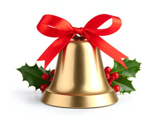 A classic golden Christmas bell adorned with a festive red ribbon bow and fresh holly leaves with berries, isolated on a clean white background