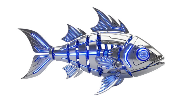 Futuristic robotic fish with blue neon lights swimming in the