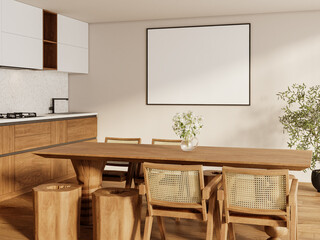 Modern dining room interior with blank horizontal poster frame on wall, wooden furniture, and kitchen area – natural light Scandinavian style