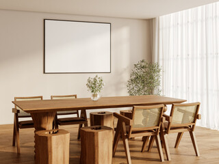 Blank horizontal poster frame mockup in minimalist dining room interior with sunlight, wooden chairs and green potted plant – cozy Scandinavian home