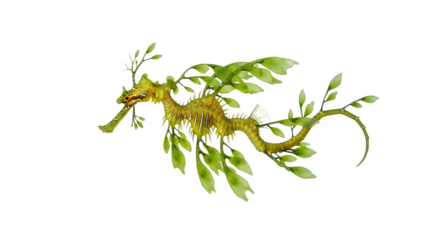 Leafy seadragon swimming gracefully in the ocean with its leafy appendages shown